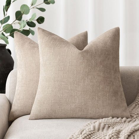Lot de 2 housses de coussin décoratives en chenille douce texturée, couleur unie neutre, style champêtre, pour canapé, fauteuil, chambre à coucher, salon, 50 x 50 cm, camel crème (1/5)