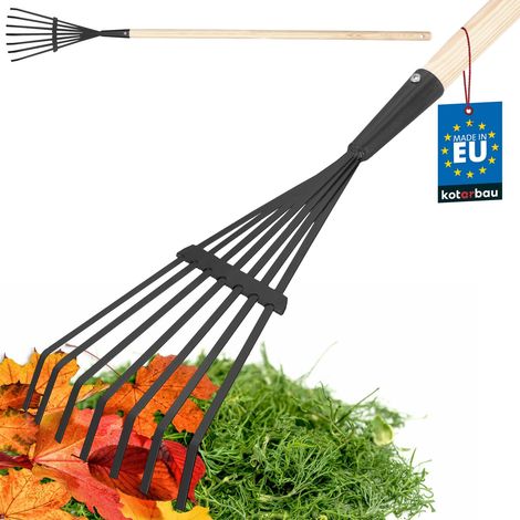 KOTARBAU® Rateau à Feuille - Acier - 14 cm - Râteau Jardin- avec Manche - 108 cm - Ramasse Feuille - Outil Robuste pour Gazon et Feuilles - Noir et Bois Naturel (1/5)