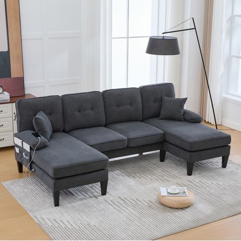 Divano a U da 4 posti in lino grigio scuro con doppia chaise longue, porte USB/Type-C e tasche, 250x130x88 cm (1/5)