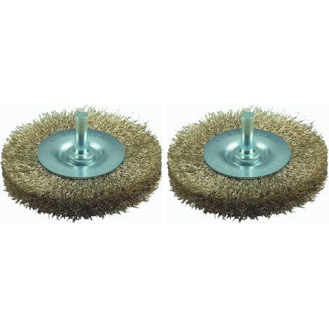 Set of 2 Circular Brushes with Wavy Wires, Brass, 75 mm, for Drills, Metal Cleaning (1/4)