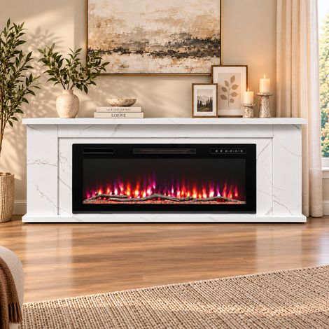 HOMAVO Camino elettrico 50" con mobile, 1000/2000W, controllo via app, fiamma 3D 12 colori, timer 1–8h, 178×27,5×66cm