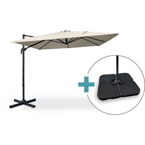 Parasol déporté 3x3m beige en aluminium NAVAGIO - Rotatif 360° inclinable + dalles de lestage