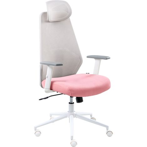 Silla de oficina multifuncional tapicería de malla reposabrazos y reposacabezas ajustables ajuste de la altura del asiento base giratoria inclinación del respaldo gris y rosa Oryn