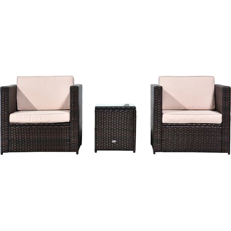 Outsunny 3Pcs Patio 2 Seater Rattan Sofa Garden Furniture Set w/ Cushions Brown