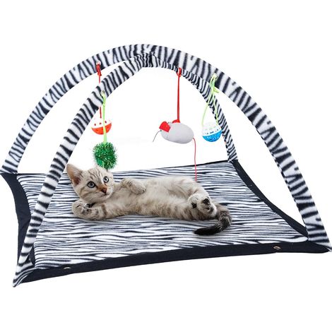 1 - Tapis Chat - Hamac Chat - Tente Interactive en Polaire avec Jouets Suspendus pour Activité et Repos Intérieur Rayures Zébrées 61x61x34cm (1/5)