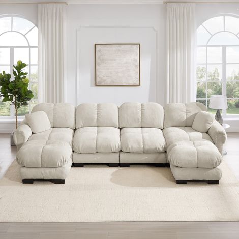 Canapé d'angle modulable 4 places U, chenille, 330 x 149 x 90 cm, beige kaki HAVRYA (1/5)