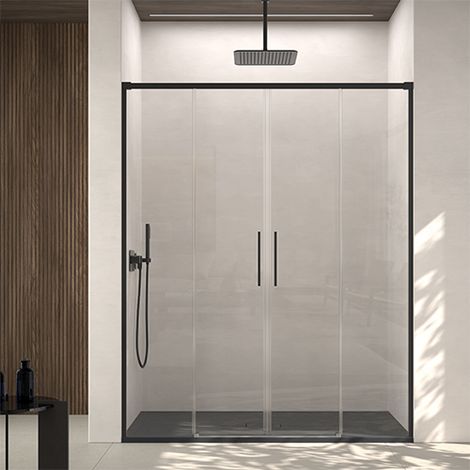 Mampara de ducha frontal 2 Fijos y 2 Puertas Corredera 140x195 cm Negro Cristal templado Antical transparente 6mm (1/5)