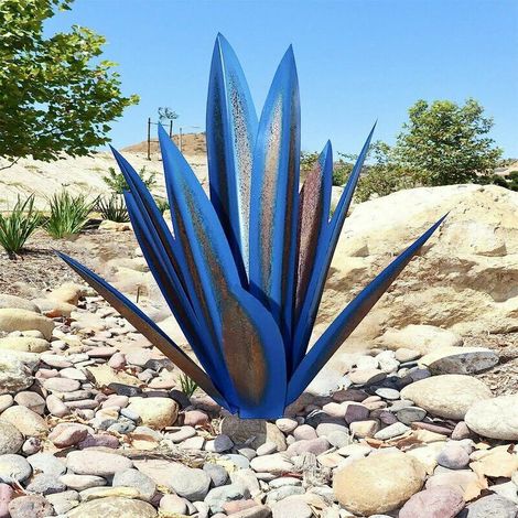 Pianta di agave metallica, per decorazione da giardino, rossa, scultura rustica a tema tequila, adatta per uso interno, ornamento da prato (35 cm, blu scuro) (1/3)
