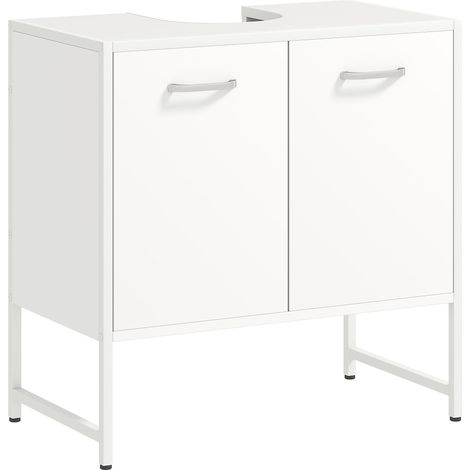 Meuble sous lavabo, meuble de salle de bain avec 2 portes à fermeture douce et étagère réglable, blanc (1/5)