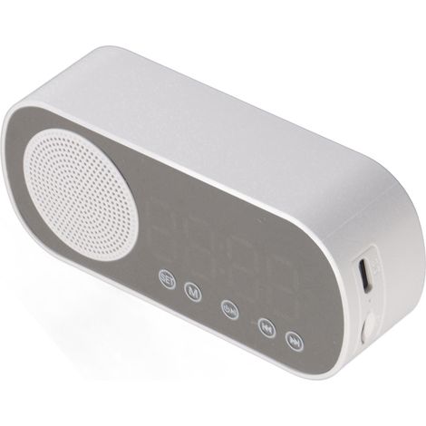 Réveil numérique avec radio FM Hi-Fi, haut-parleur Bluetooth 5.0 rechargeable et miroir intégré pour lire ou voyager.