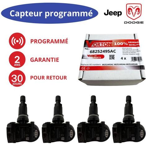 Set of 4 pre-programmed TPMS sensors 433MHz black valve for JEEP Grand Cherokee (2016-2021) & DODGE Durango (2018-). (1/5)