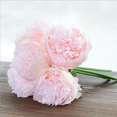 1 Bouquets de pivoines artificielles, 5 têtes de Pivoine en Soie Fausse Fleur pour la décoration de Rebord de fenêtre d'hôtel de Bureau à Domicile de Mariage, Rose Clair