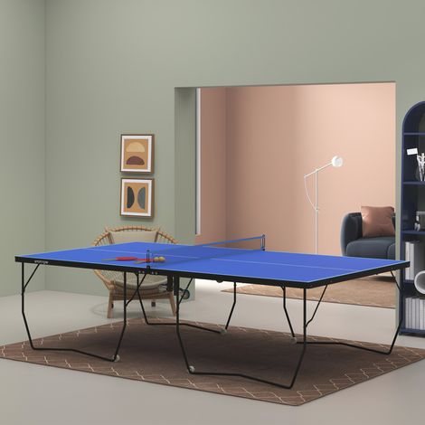 Mesa de ping-pong plegable, 8 ruedas, estructura de acero con recubrimiento en polvo, MDF, 274 x 152,5 x 76 cm, azul (1/5)