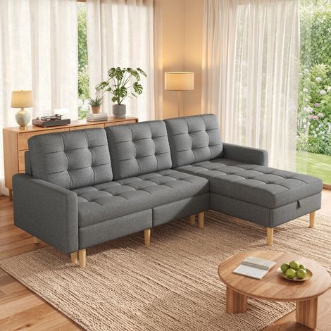Canapé d'Angle 3 Places avec Coffre de Rangement,Méridienne Réversible,Canapé en L,Tissu Non Tissé,Salon Moderne Gris,212x130x86 cm (1/5)