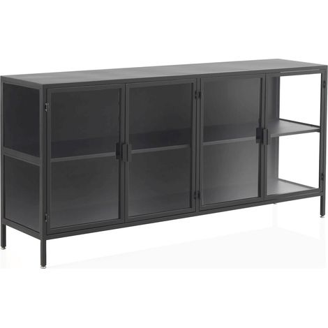 Buffet métal noir portes vitrées style industriel élégant - noir métal et verre transparent (1/5)