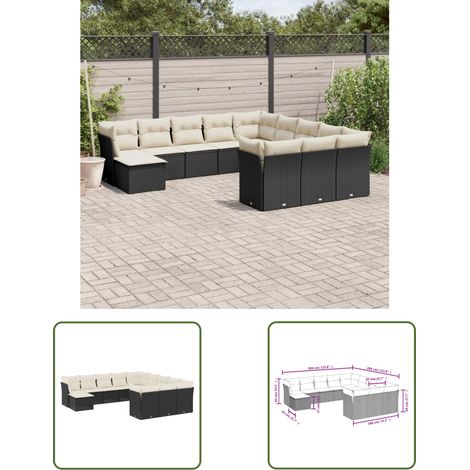 The Living Store 12-tlg. Garten-Sofagarnitur mit Kissen Schwarz Poly Rattan - Gartensofas - Outdoor Möbel - Lounge Set - Rattan Sofa - Gartenlounge