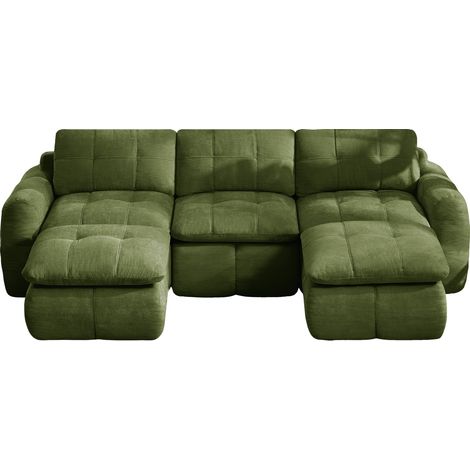 Divano modulare a U senza telaio 3 posti in chenille verde con 2 pouf, senza montaggio (1/5)