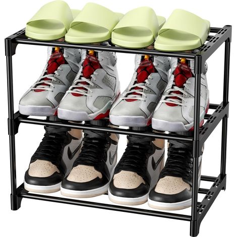 Schuhregal aus Metall, 3-stöckige Schuhaufbewahrung, leichtes, stapelbares Schuhregal für 6 Paar Schuhe, Schuhhalter für Flur, Wohnzimmer, Schlafzimmer, Eingangsbereich (schwarz 4227,536cm)