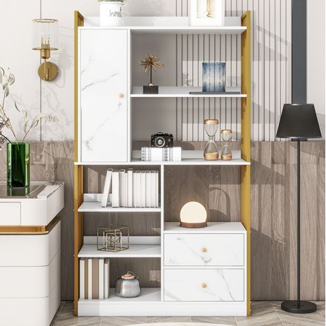Libreria bianco e oro in pannello truciolare con ripiani aperti, cassetti e ante (1/5)
