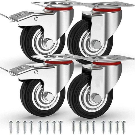 4 Roulettes pour Meubles 75mm 200KG, Roulettes Pivotantes Avec Frein, Roues Plaques Industrielles Transport - (1/4)