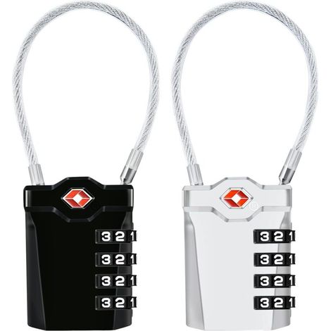 Cadenas à bagages, Lot de 2 voyage à combinaison à 4 chiffres Cadenas à combinaison de 14 cm de câble flexible pour valise, sacoche de bagage, etc. (Noir+Argent) (1/5)