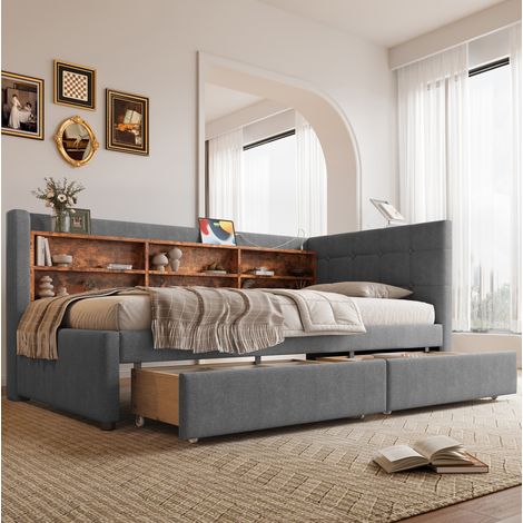 Cama individual de lino gris 90x200 cm con 2 cajones, USB, puerto Tipo-C y somier de láminas (1/5)