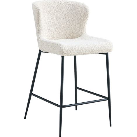 Chaise de comptoir LISE – Tissu bouclé coloris blanc écru – Pieds en métal noir – Style design/industriel (1/5)