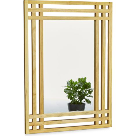 Relaxdays Espejo de pared, Madera de pino, Marco grande, Accesorio de baño, Rectangular, 70 x 50 x 2 cm, 1 Ud., Marrón
