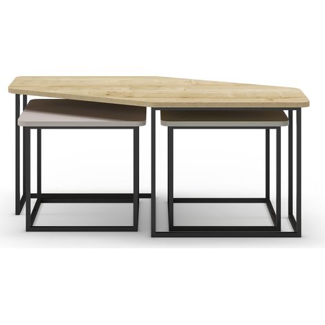 Set de 3 tables basses, tables de salon aspect bois coloris chêne, crème, vert et pieds en métal noir (1/5)