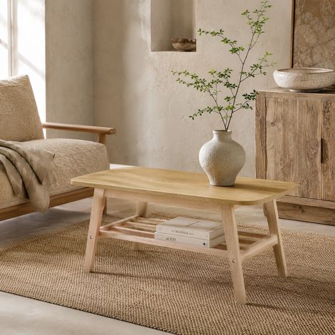 Une grande table basse avec un piètement en bois massif de 100 cm de long, offrant un grand espace de rangement et idéale pour le salon, l'appartement et le bureau. (1/5)