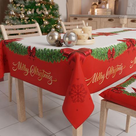 Nappe de Noël Anti-Taches Rectangulaire Couvre-Table pour Cuisine, Motif Noeud Rouge X12 Places (140 x 240 cm) 100% fabriquée en Italie (1/5)