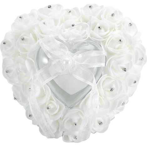 Boîte à alliances de mariage romantique en forme de cœur, coussin d'oreiller décoratif en strass Rose (blanc) (1/5)