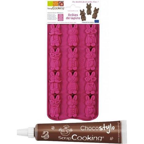 Moule à chocolats - SCRAP COOKING - Drôles de lapins - Silicone 100% Platinum - Ultraflexible - Avec stylo chocolat