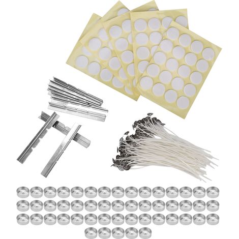 260 mèches bougie 15cm, 100 stickers adhésifs double face, 50 coques bougie, 10 porte-mèches inox, coques aluminium jaune 14g (1/5)