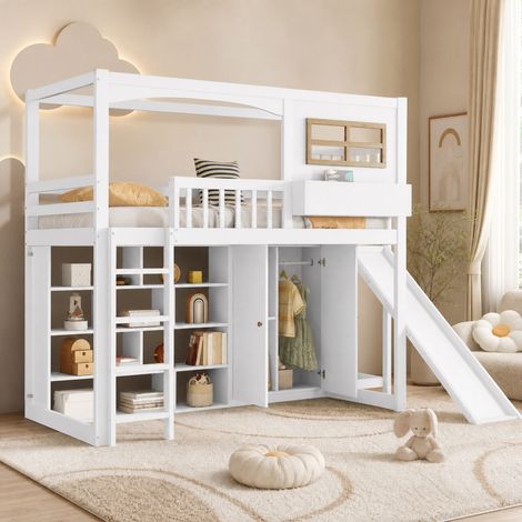 Lit mezzanine enfant 251x156x180 cm blanc et naturel en pin et MDF avec toboggan et armoire (1/5)