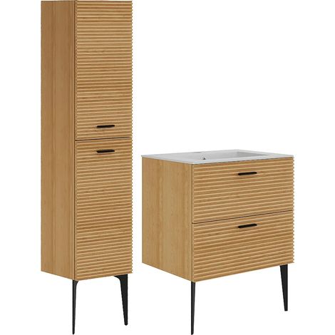 Mobile da bagno striato su piedini con lavabo da incasso e colonna - 2 cassetti - Naturale chiaro - 60 cm - SARONE (1/5)