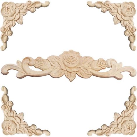 – Moulure décorative en bois 5 pièces – Moulure longue 30 cm x 7 cm et moulures d'angle 8 cm x 8 cm – Bois d'hévéa naturel à peindre (1/4)