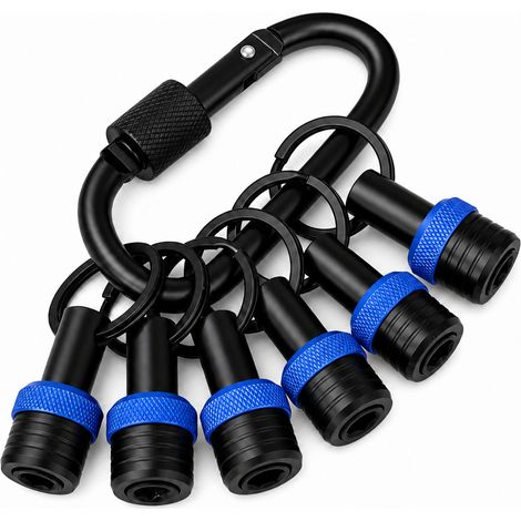 Juego de 6 extensiones de llavero de aleación de aluminio con adaptadores y enchufes (negro incluido), en un estuche de plástico azul. (1/5)