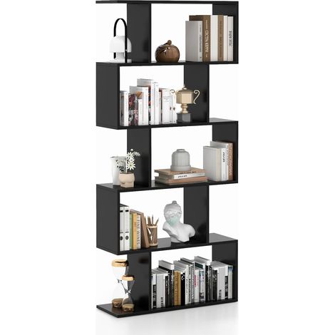 COSTWAY Scaffale a 5 Ripiani in Legno, Libreria Geometrica a Forma di S con Dispositivo Antiribaltamento, per Soggiorno Ufficio Camera da Letto, 70 x 23,5 x 158 cm (nero) (1/5)
