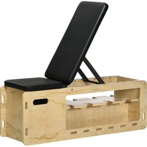 Panca multifunzione per pesi con box contenitore e fasce elastiche in legno naturale (1/5)