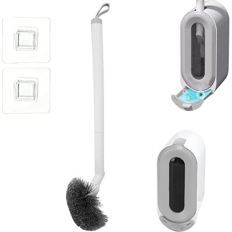 Toilet Brush Holder Lid - 360° Nylon Brush - Adhesive Attachment Drilling - Drainage - Modern Bathroom Accessory (1/2)