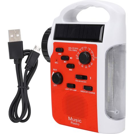 Radio AM/FM portable avec manivelle et alimentation solaire, téléphone portable, chargeur, lampe torche LED et alarme d'urgence, rouge. (1/5)