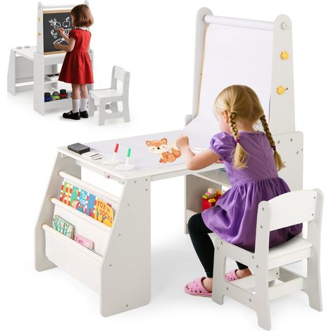 Tavolo da attività multifunzionale con lavagna e sedia lavagna bianca, Set tavolo e sedia per bambini 2 ripiani rotolo di carta Grigio (1/4)