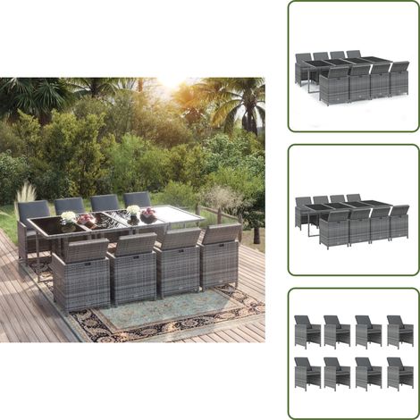 9-tlg. Garten-Essgruppe mit Kissen Poly Rattan Grau - Gartengruppe - Gartenmöbel - Esstisch - Esszimmerset - Rattan Möbel (1/5)