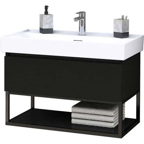 BELVIT Waschbecken Set 80 cm Keramik Aufsatz oder Wandmontage mit Überlauf und Hahnloch inklusive Sovena Badunterschrank Schwarz Matt (1/5)
