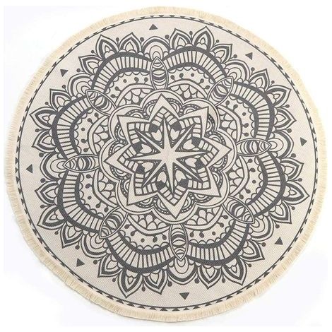 Tapis Rond - Coton - Mandala - Franges - Lavable En Machine - Pour Salon Chambre À Coucher - 120 cm (1/4)
