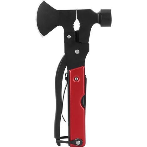 Marteau Multifonction 15 en 1 pour Camping et Survie avec Tournevis, Pince et Ouvre-Bouteille (Rouge)