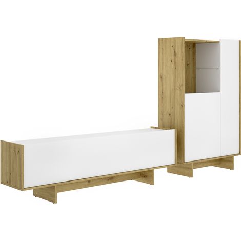 Ensemble de séjour, Meuble TV à porte abattante + Buffet haut avec niche ouverte et 2 portes, coloris blanc/chêne sonoma (1/5)
