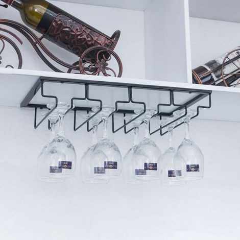 4 Slots Glossy Black Bar Glass Rack, Hanging Wine Glass Holder, Cocktail Beer Rail, Hanging Glass Rack Cabinet (1/5)
