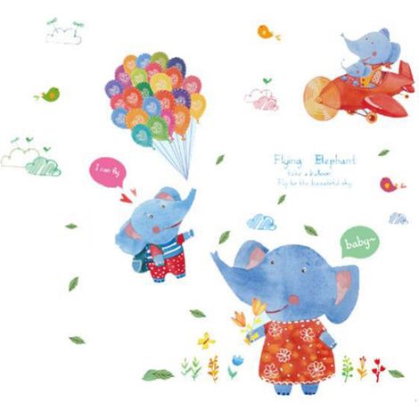 Autocollant vinyle éléphant et ballon déco murale salon chambre bébé 87x80cm adaptable verre bois plastique